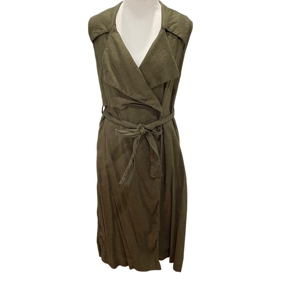 Anthropologie Trench Vest Womens M Olive Green Linen Blend Sleeveless Wrap Belt - Picture 3 of 16